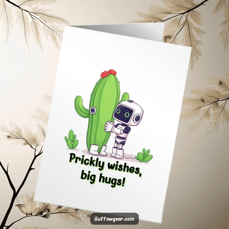 Funny Free Printable Birthday Card: Tiny robot hilariously attempts to hug a giant cactus, full of birthday cheer.
