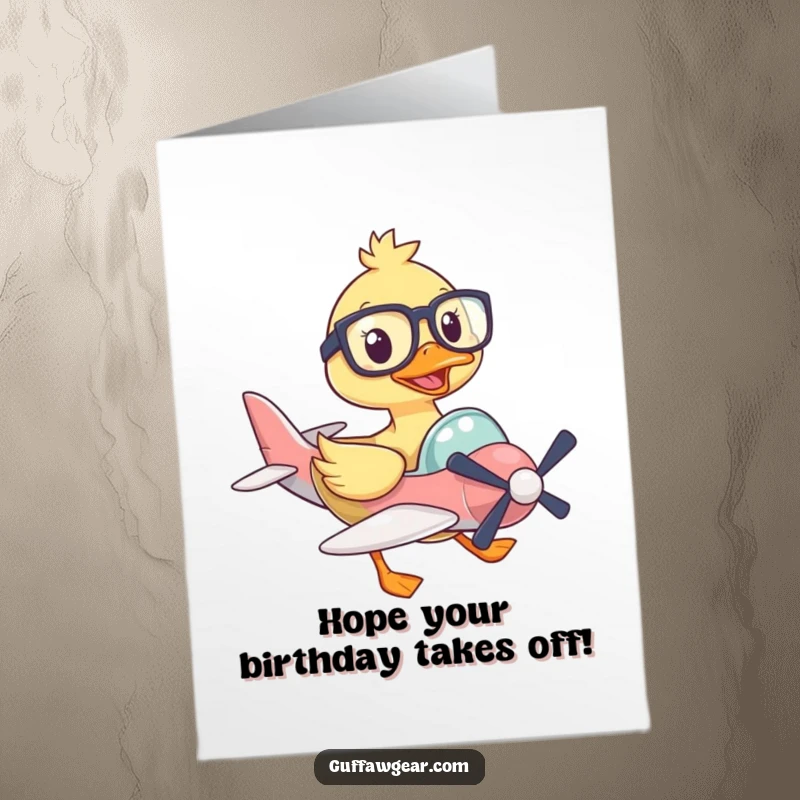 Funny Free Printable Birthday Card: Duck in big glasses piloting a tiny plane, looking stressed but determined.