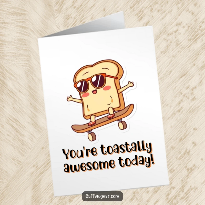 Funny free printable birthday card: a slice of toast in sunglasses rides a skateboard, a rad DIY gift.