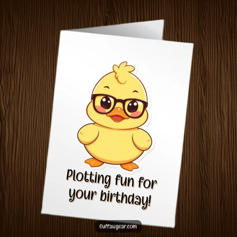 Funny Free Printable Birthday Card: Mischevious rubber duck wearing spectacles plots, adding a clever twist to birthday wishes.