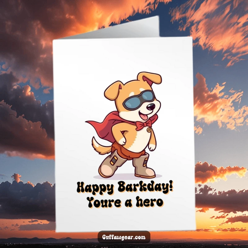 Funny Free Printable Birthday Card: Dog in superhero cape tripping, a heroic but hilarious stumble.