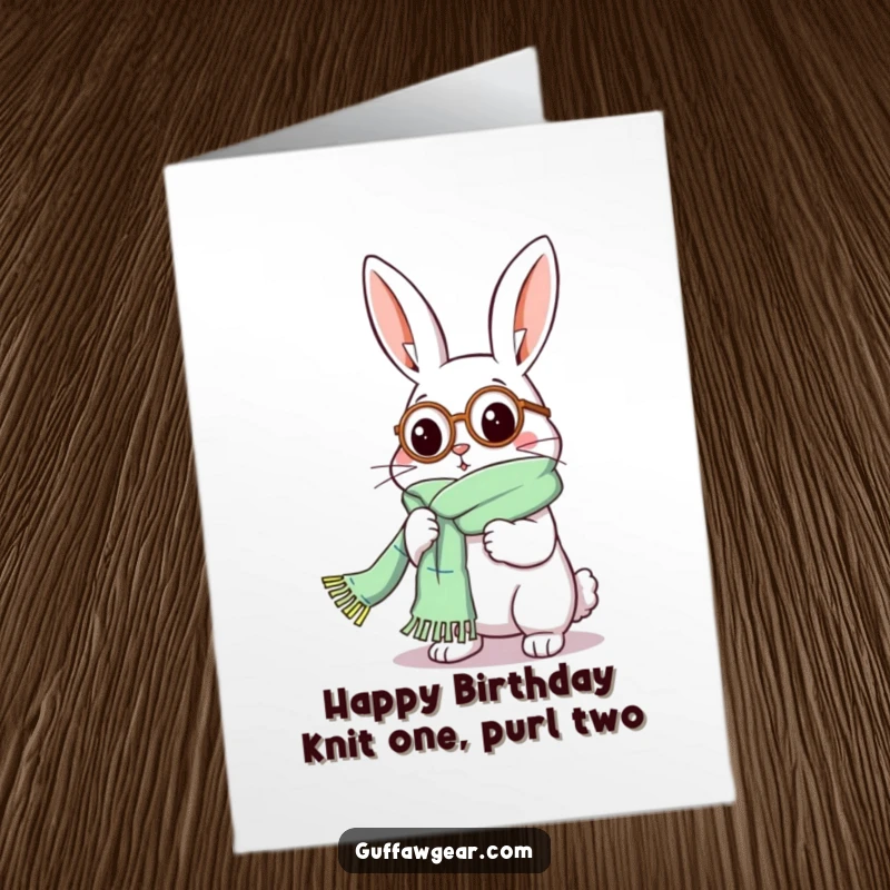 Funny Free Printable Birthday Card: Rabbit in monocle knitting a comically long scarf, a fashionably flawed creation.
