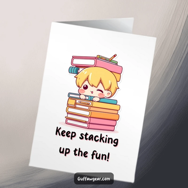 Funny Free Printable Birthday Card: A character precariously balancing a tall stack of office supplies, looking stressed but determined.