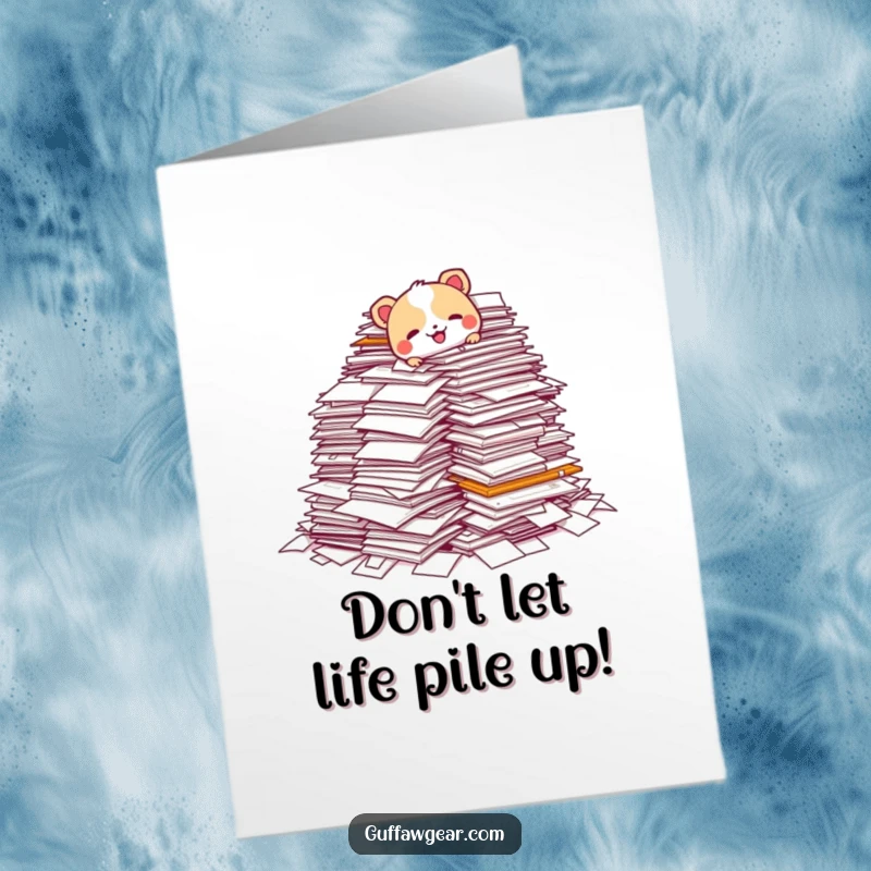 Funny Free Printable Birthday Card: A cute animal character tripping over a massive pile of office papers, looking surprised and overwhelmed.
