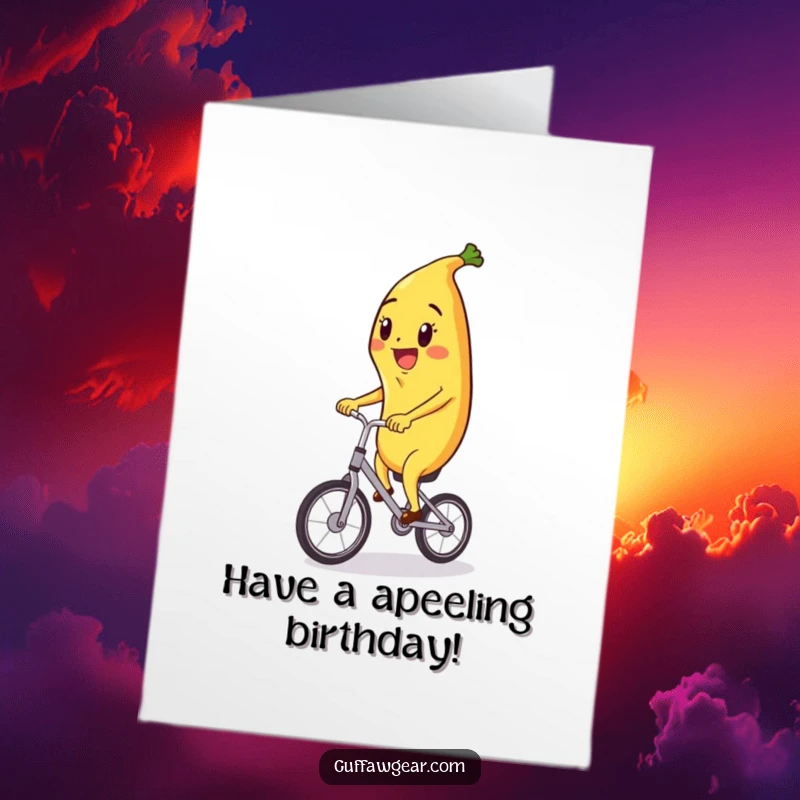 Funny Free Printable Birthday Card: A joyful banana character skillfully rides a tiny unicycle, celebrating with zest.