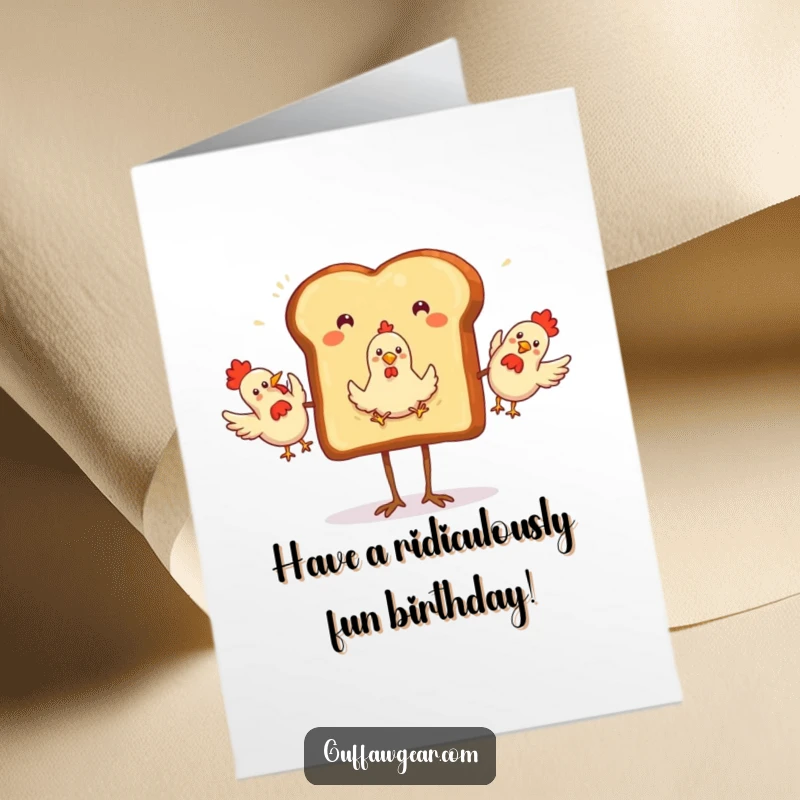 Funny Free Printable Birthday Card: A slice of toast with legs excitedly juggling three rubber chickens, celebrating wildly.