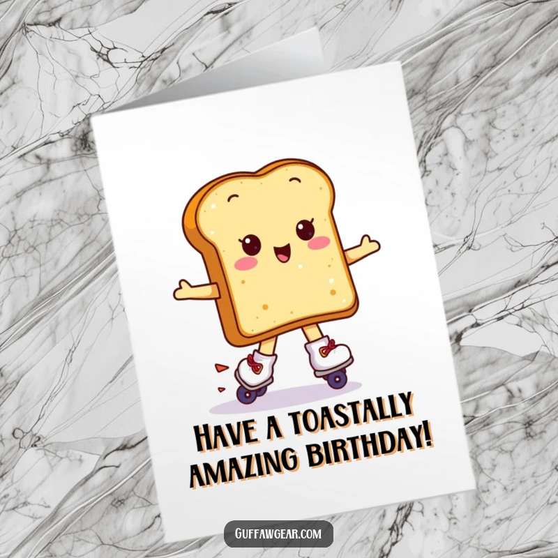 Funny Free Printable Birthday Card: Kawaii toast wearing roller skates attempting a spin, ready to party.