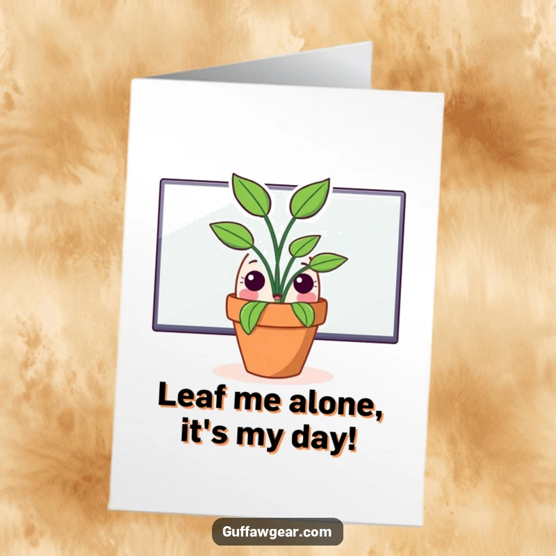 Funny Free Printable Birthday Card: Surprised potted plant peeking shyly behind a giant computer monitor, perfect for a laugh.