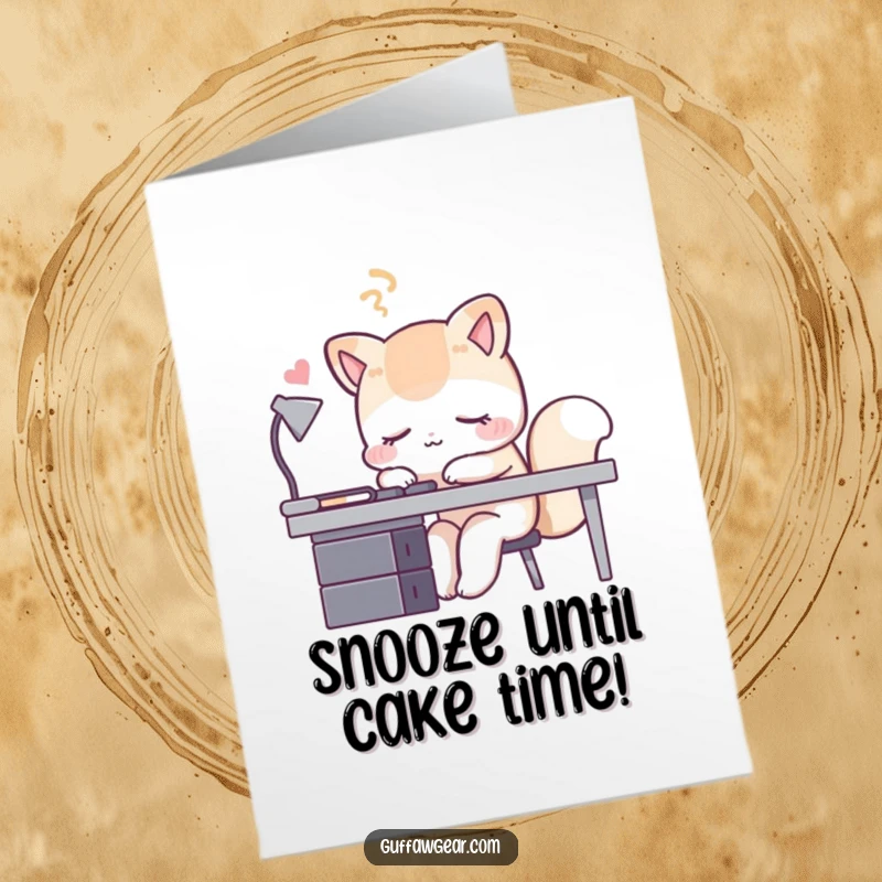 Funny Free Printable Birthday Card featuring a sleepy animal pretending to nap at its office desk, a perfect downloadable gift.
