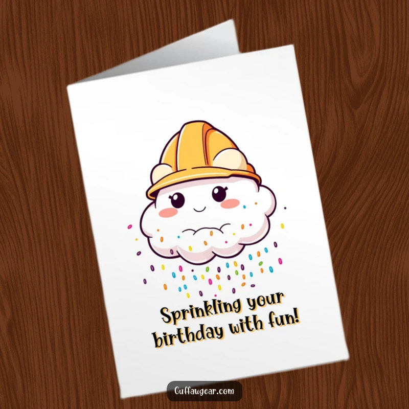Funny Free Printable Birthday Card: A cloud in a construction helmet raining colorful sprinkles, celebrating a birthday joyfully.