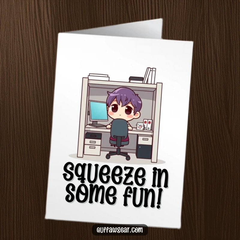 Funny Free Printable Birthday Card showing a character squeezed into a tiny cubicle, a humorous downloadable gift about office life.