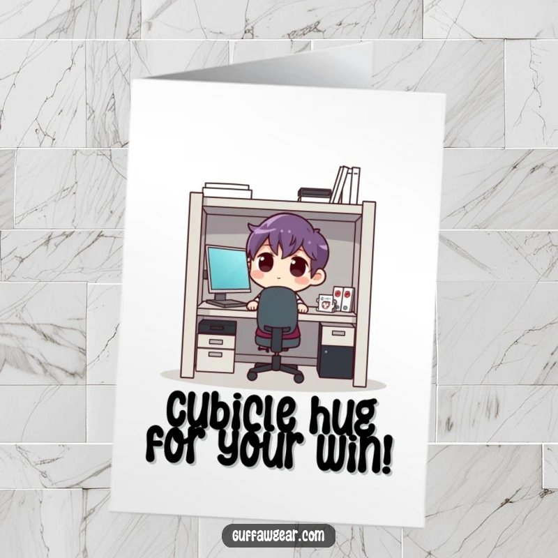 Funny Free Printable Congratulations Card featuring a character struggling to fit in a minuscule cubicle, a humorous downloadable gift.