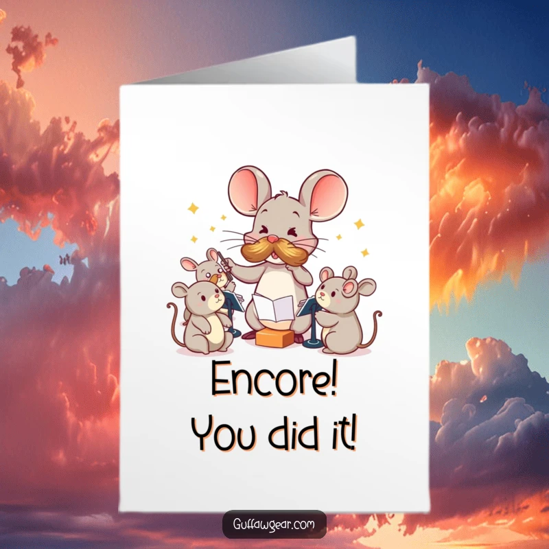 Funny Free Printable Congrats Card: Mouse maestro conducting noisy toys, a comical downloadable gift.