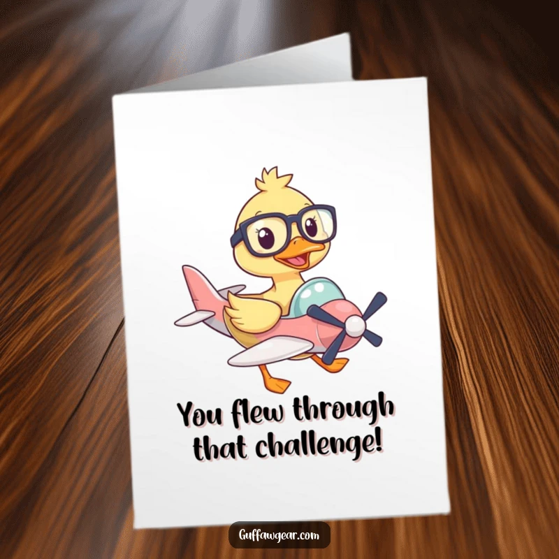 Funny Free Printable Congratulations Card: Duck wearing glasses pilots a small plane, celebrating an achievement.