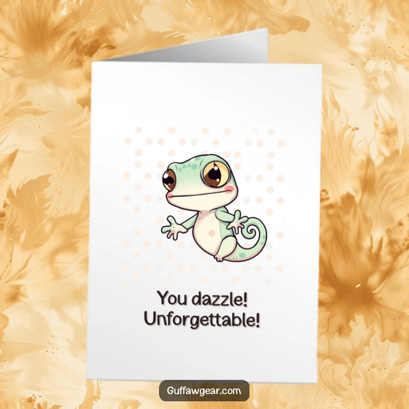Funny Free Printable Congrats Card: Chameleon trying to match polka dots, a comical downloadable gift.