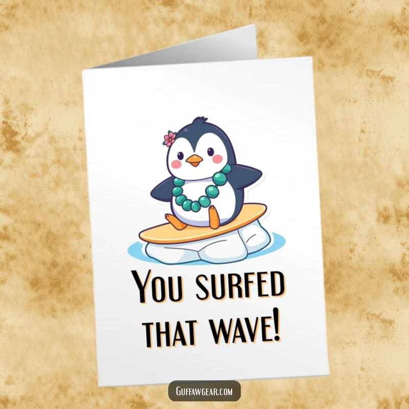 Funny Free Printable Congrats Card: Penguin wearing lei sliding down ice, a comical downloadable gift.