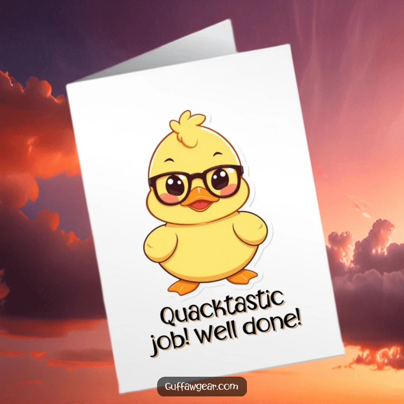 Funny Free Printable Congratulations Card: A rubber duck wearing tiny spectacles plots its next move, suggesting clever success.