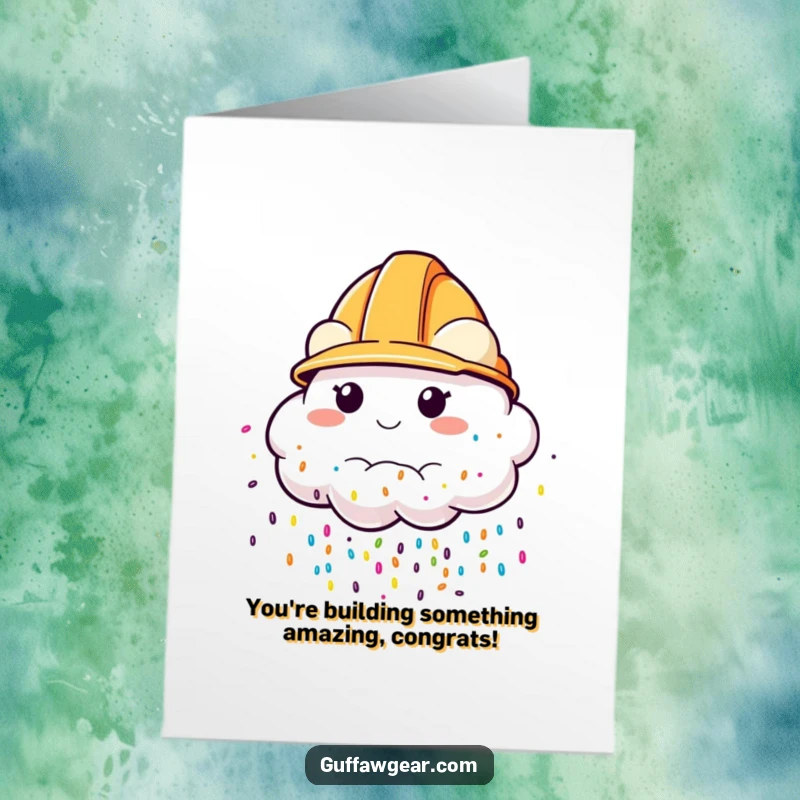 Funny Free Printable Congratulations Card: A cloud wearing a construction helmet raining colorful sprinkles, celebrating a win.