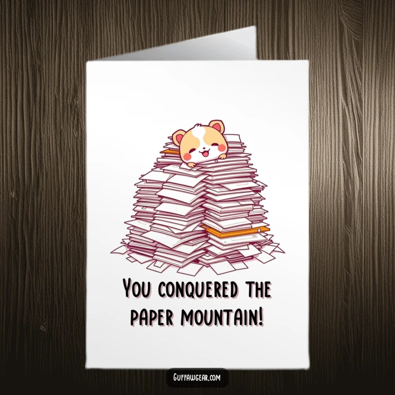Funny Free Printable Congrats Card: An animal character stumbling over a huge stack of documents, perfect for congratulating someone.