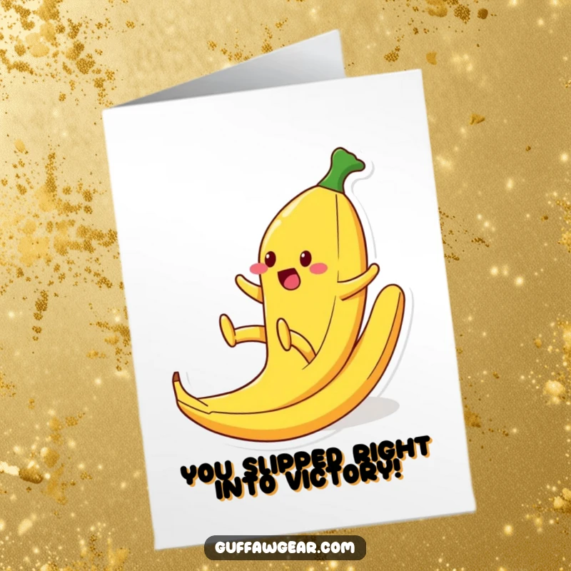 Funny Free Printable Congrats Card: A food item character comically slipping on a banana peel, legs flailing, perfect for congratulations.