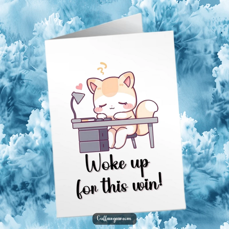 Funny Free Printable Congratulations Card showing a desk animal feigning sleep, a perfect downloadable gift for any celebration.