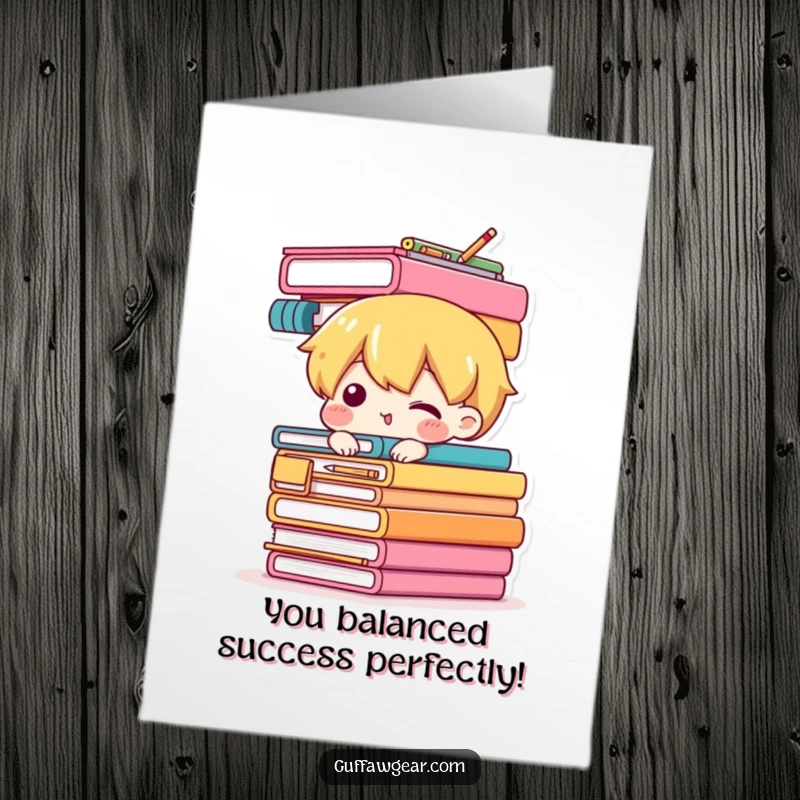 Funny Free Printable Congrats Card: Character attempting to balance a wobbly tower of office supplies, symbolizing achievement.
