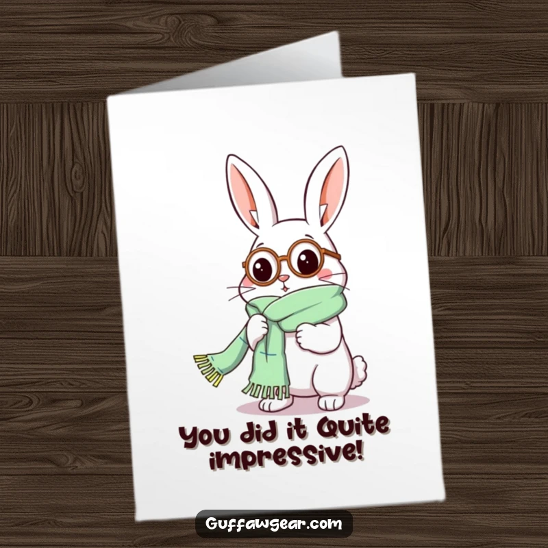 Funny Free Printable Congratulations Card: Rabbit with monocle knitting a ridiculously long scarf, a testament to effort.