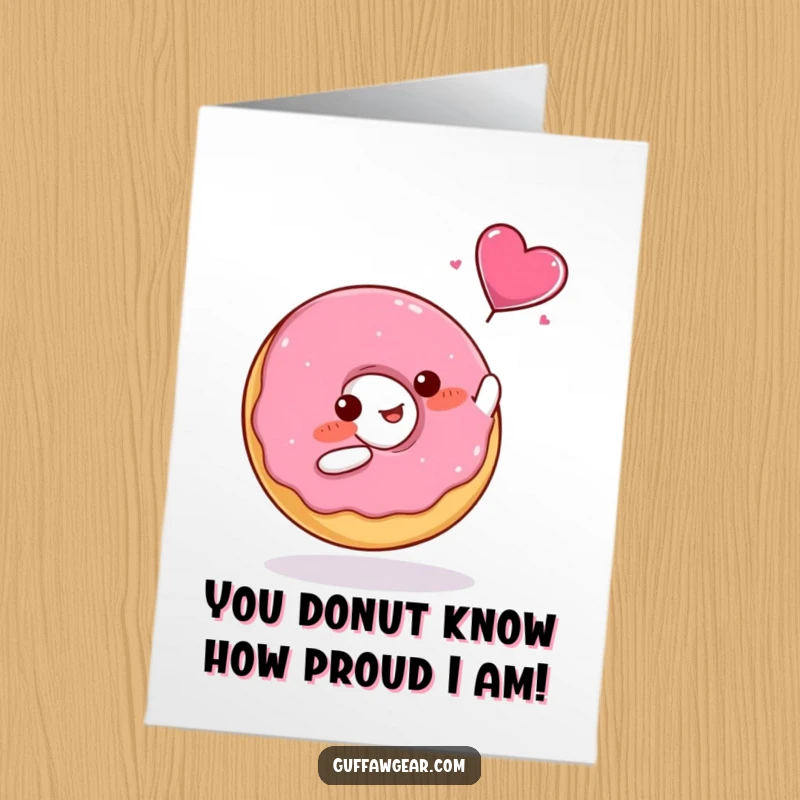 Funny Free Printable Congratulations Card: A blushing donut reaches for a flying candy heart, symbolizing sweet congratulations.