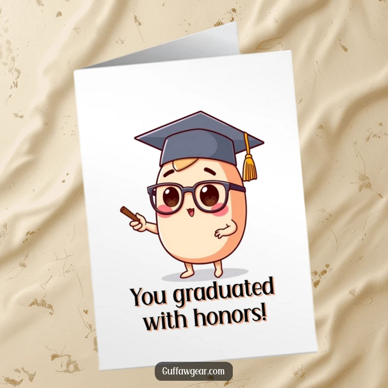 Funny Free Printable Congrats Card: Food character lecturing formally in a graduation cap and spectacles, celebrating success.