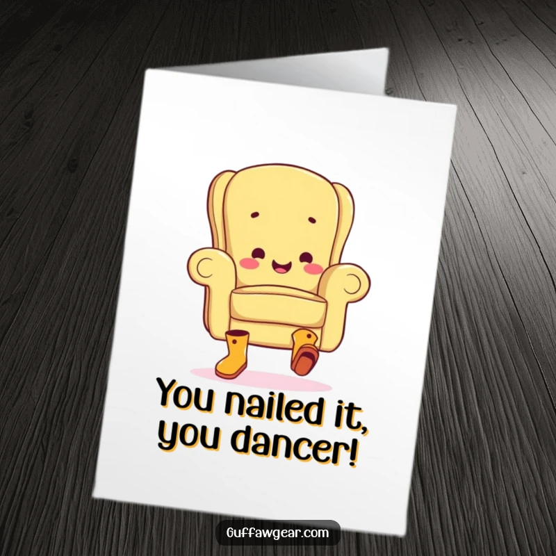Funny Free Printable Congratulations Card: An armchair in boots attempting a jig, celebrating success with humor.