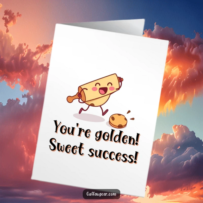 Funny Free Printable Congratulations Card: A rolling pin character excitedly chases a cookie, symbolizing a sweet victory.