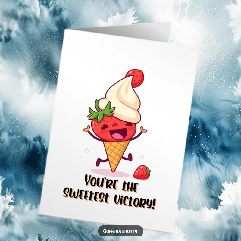 Funny free printable congratulations card: a scared strawberry flees a laughing ice cream cone, a playful downloadable art.