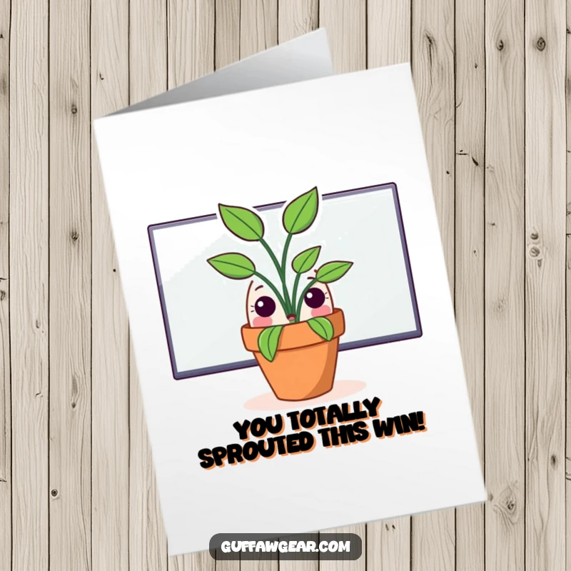 Funny Free Printable Congratulations Card: A startled potted plant emerges from behind a large monitor, expressing surprise.