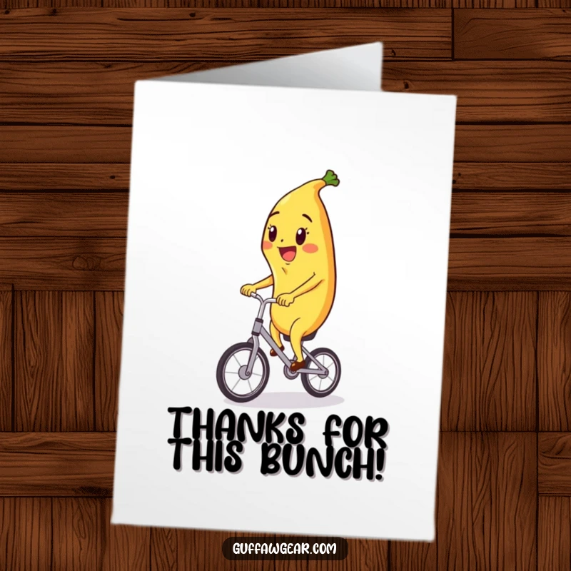 Funny Free Printable Thank You Card: A cheerful banana character balances perfectly on a miniature unicycle.