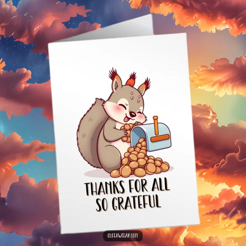 Funny Free Printable Thank You Card: Squirrel stuffing nuts into a minuscule mailbox, a comical thank you.