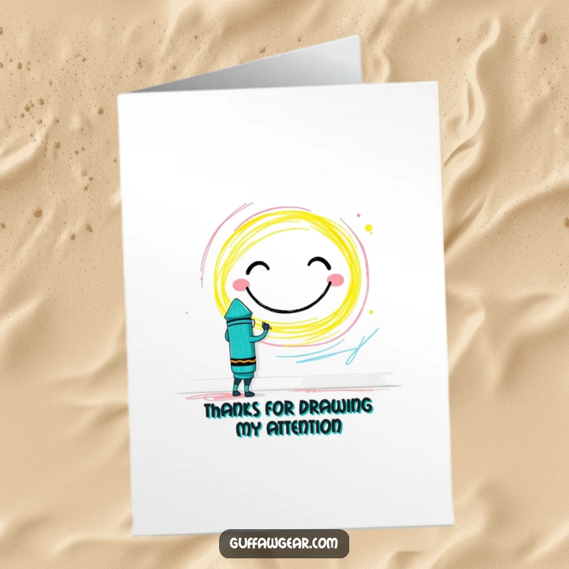 Funny Free Printable Thanks Card: Brave crayon character drawing a huge smiley face on a wall, a colorful thank you gesture.
