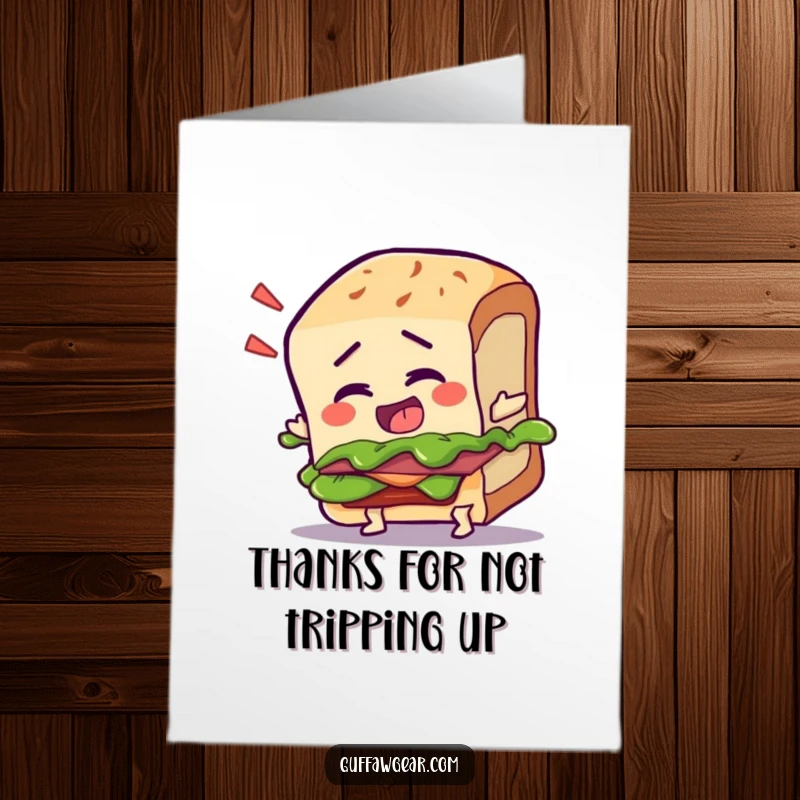 Funny Free Printable Thank You Card: A talking sandwich character comically trips, offering a unique and funny thank you.