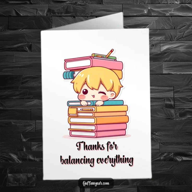 Funny Free Printable Thank You Card: Character balancing a precarious stack of pens, staplers, and paperclips, showing thanks.