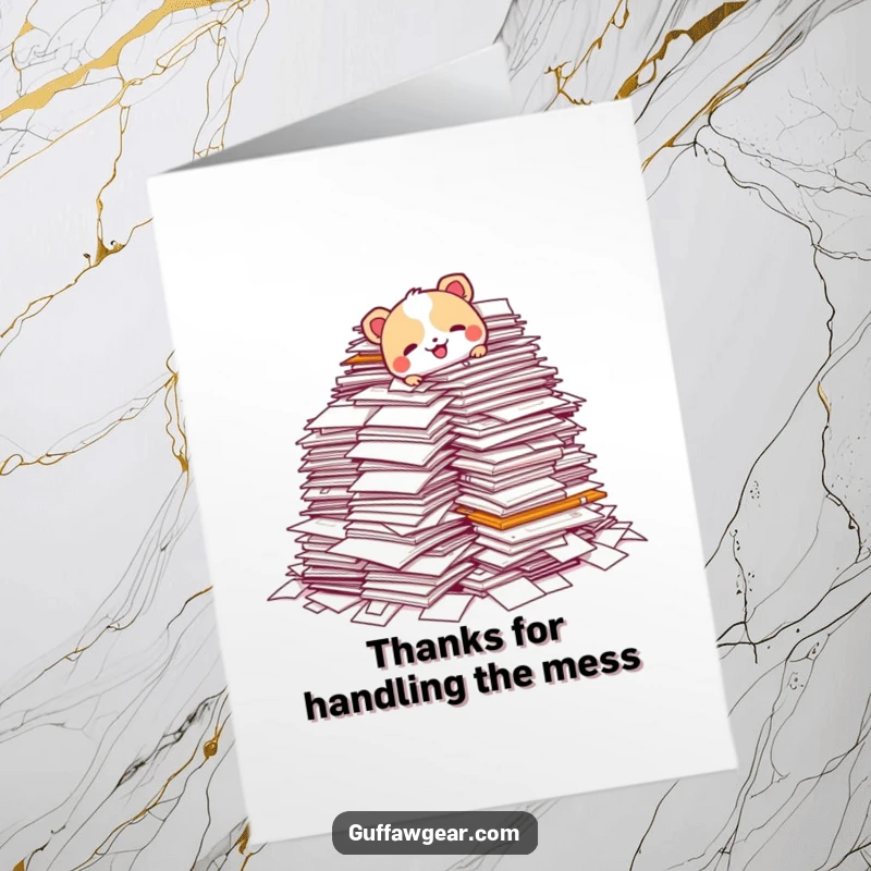 Funny Free Printable Thank You Card: Animal character tripping on a giant pile of papers, conveying thanks through shared struggle.