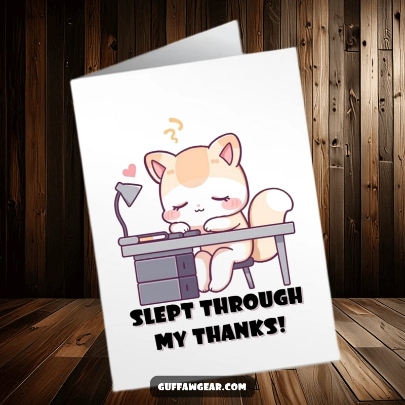 Funny Free Printable Thank You Card with a desk animal snoozing at its workstation, a unique downloadable gift.