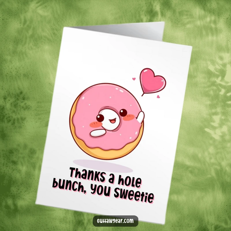Funny Free Printable Thank You Card: A blushing donut attempts to catch a flying candy heart, a sweet expression of thanks.