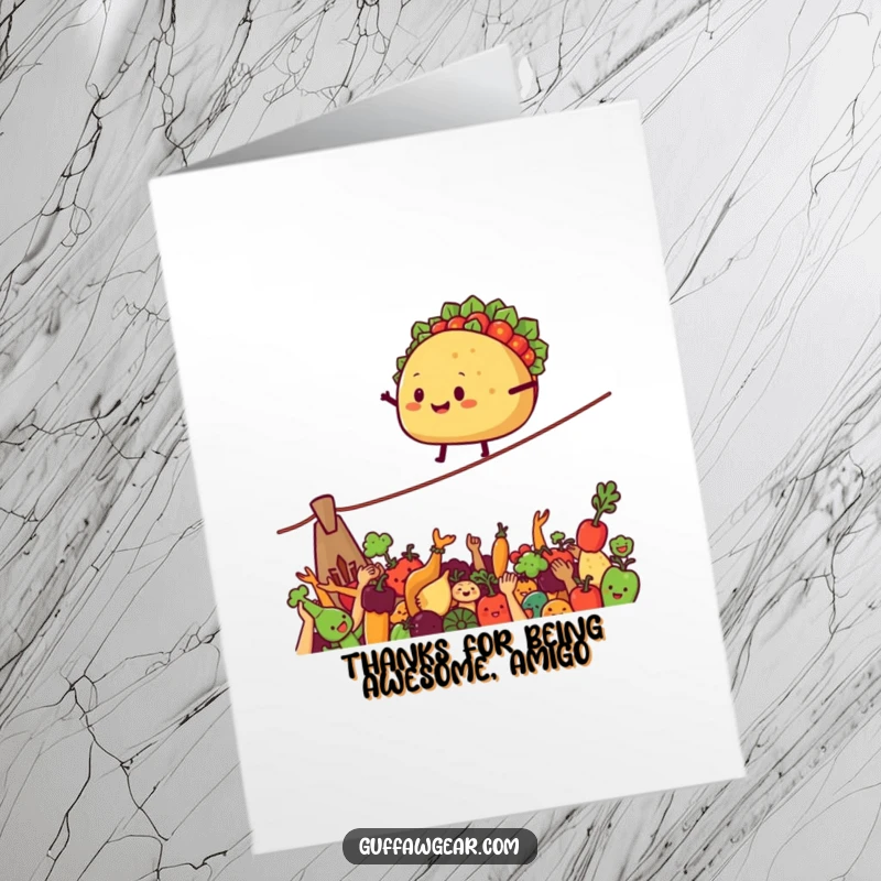 Funny Free Printable Thank You Card: A smiling taco performs a daring tightrope walk above a crowd, a truly impressive thank you.
