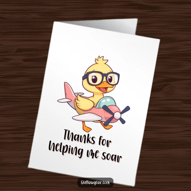 Funny Free Printable Thank You Card: Duck pilot in glasses gives a thumbs up from a tiny plane, saying thanks.