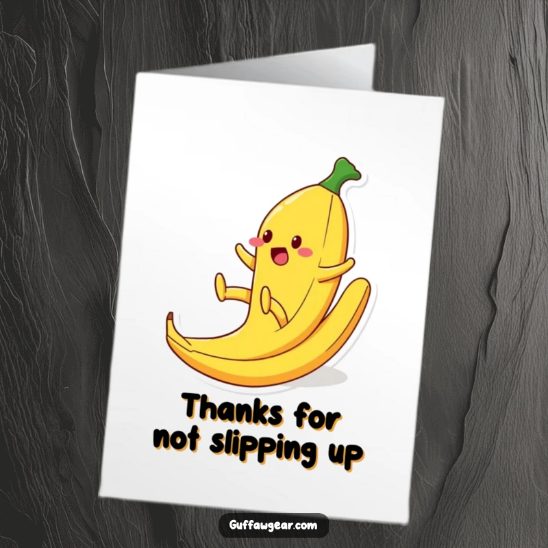 Funny Free Printable Thank You Card: A food character slipping on a banana peel, mid-fall, conveying thanks with humor.