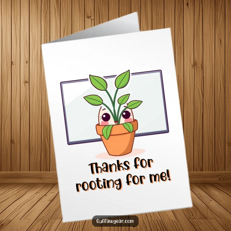 Funny Free Printable Thank You Card: A potted plant looks surprised as it peeks from behind a huge computer screen.