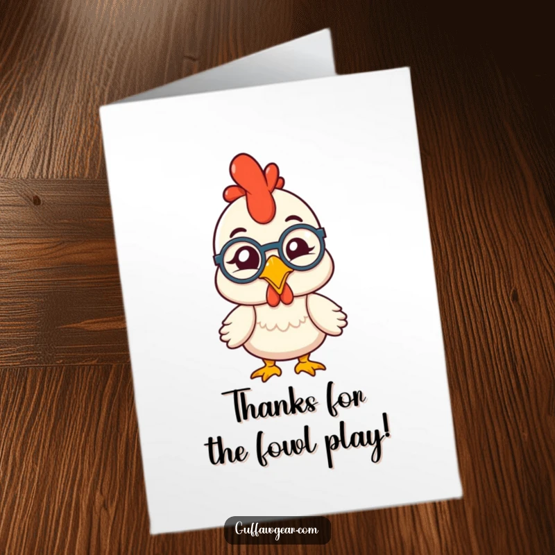Funny free printable thank you card: a sophisticated rubber chicken with a monocle winks, offering a comical expression of thanks.
