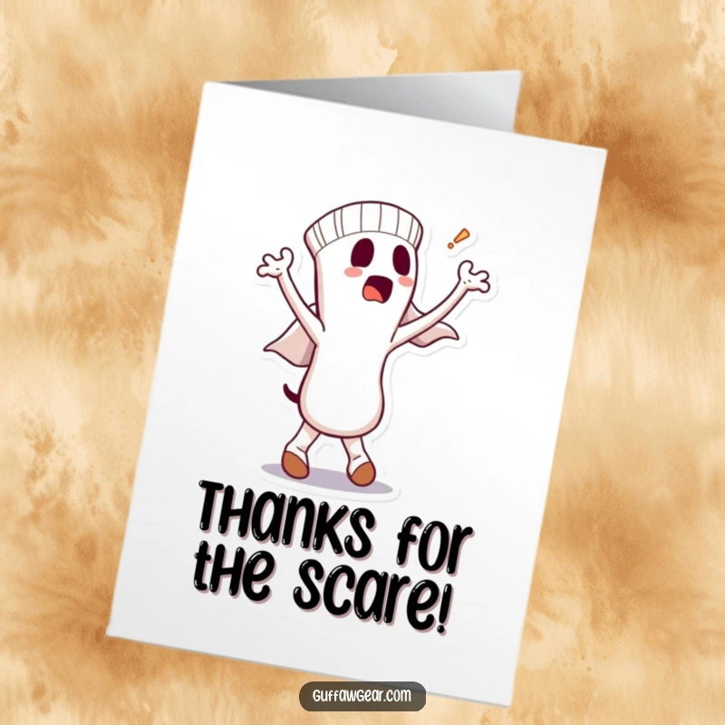 Funny Free Printable Thank You Card: A dancing sock with a bewildered ghost, expressing thanks in a comical way.