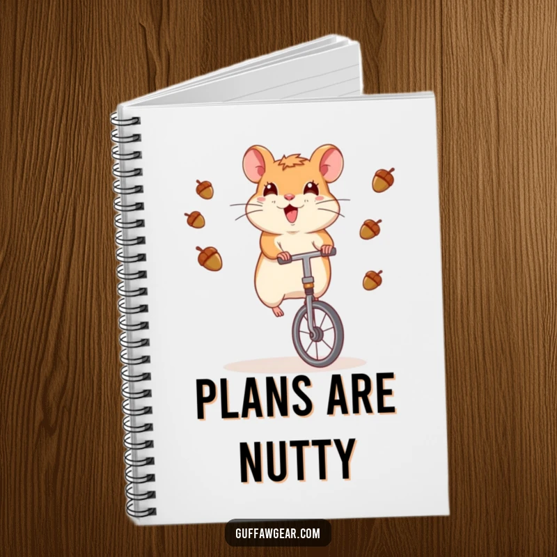 Funny Hamster Notebook: A humorous scene of a hamster riding a unicycle and juggling acorns on the cover.