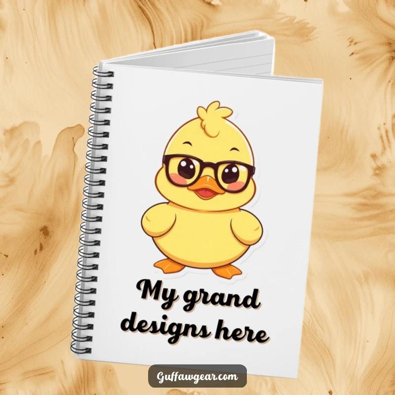 Funny notebook with a mischievous rubber duck wearing spectacles, plotting, designed for jotting down clever ideas.