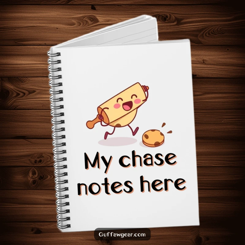Funny notebook with a rolling pin character chasing a cookie, designed for jotting down baking ideas and humor.